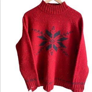Women’s Eddie Bauer Red Wool Sweater with Snowflake. Mock Neck size Large